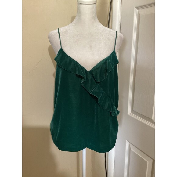 J. Crew Green Going Out Velvet Cami Tank Top Evergreen Ruffle 6 - Picture 2 of 7